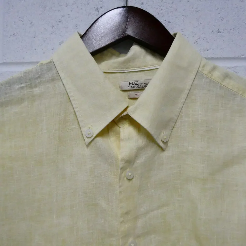 H.E. by Mango Men's‎ Large Shirt Top Slim Fit Button Front Long Sleeve Yellow